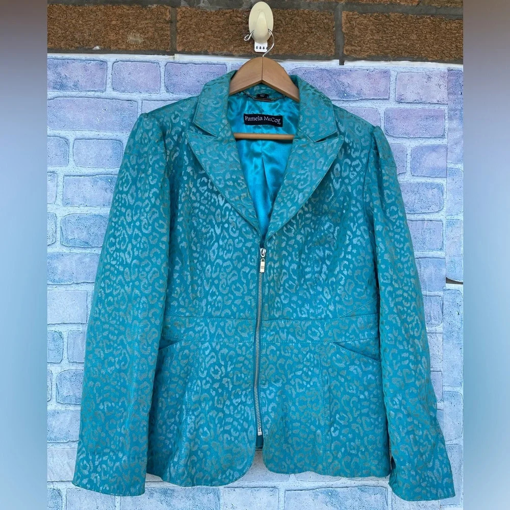 Pamela McCoy Turquoise Cheetah Leopard Print 100% Leather Full Zip Jacket medium